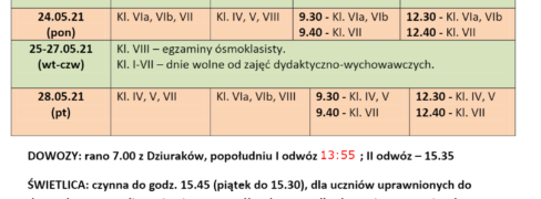 Harmonogram zajęć w trybie hybrydowym dla klas IV –VIII